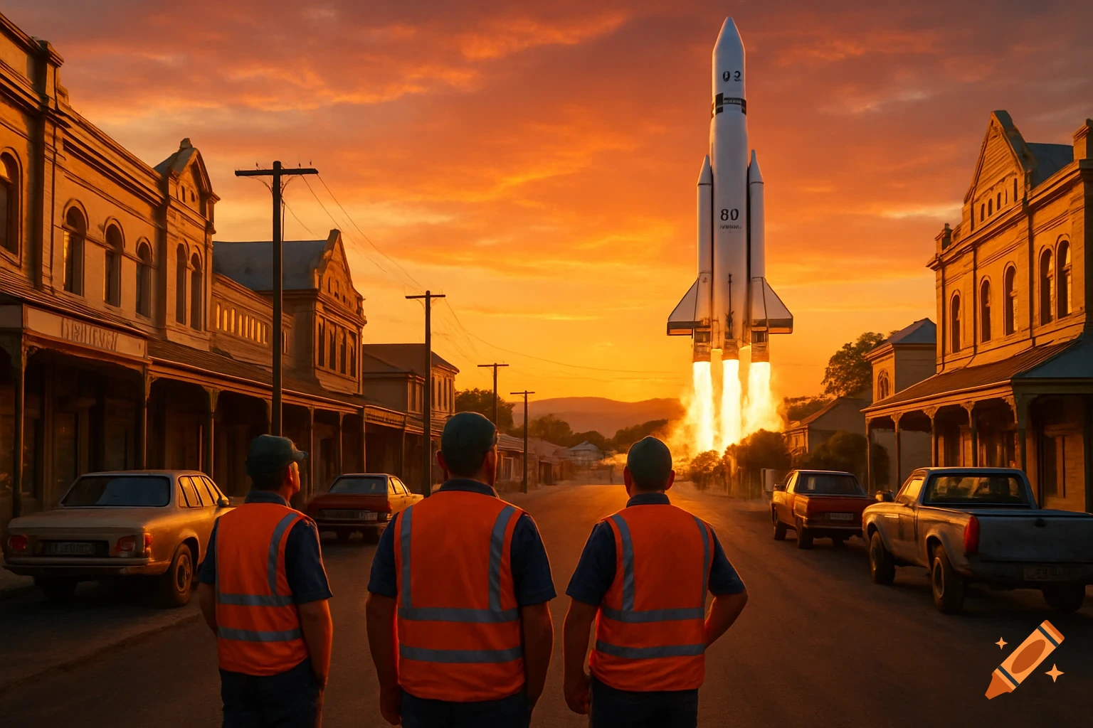 Three people in hi-vis vests watch a rocket launch at sunset on the main street of a small photorealistic town.