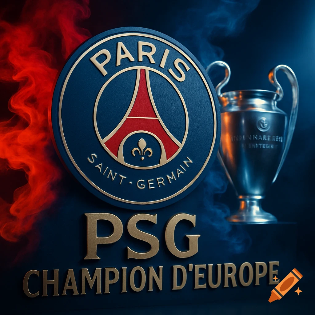 Close-up of the PSG football club logo and the UEFA Champions League trophy, set against red and blue smoke on a dark background. The text 'PSG CHAMPION D'EUROPE' is visible below the logo.