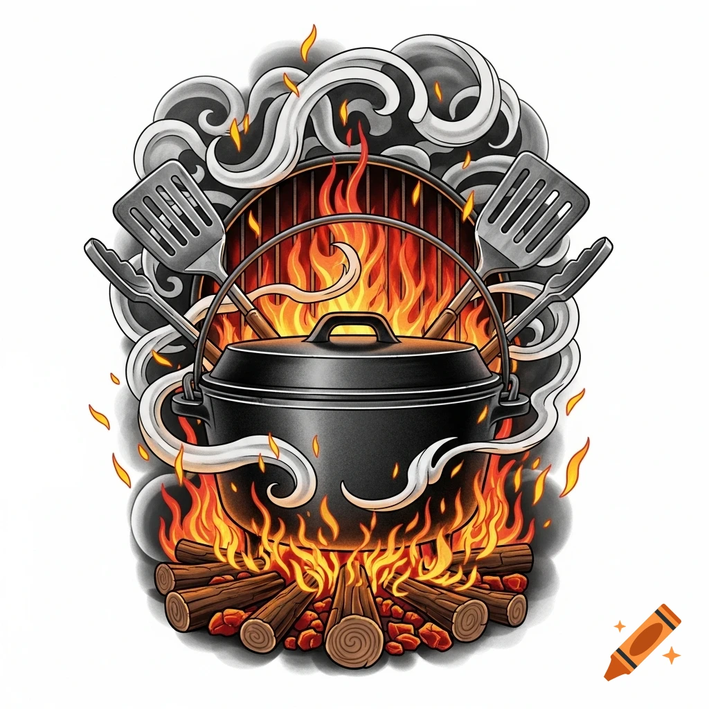Stylized illustration of a black dutch oven cooking over a campfire with grilling tools, flames, and smoke.