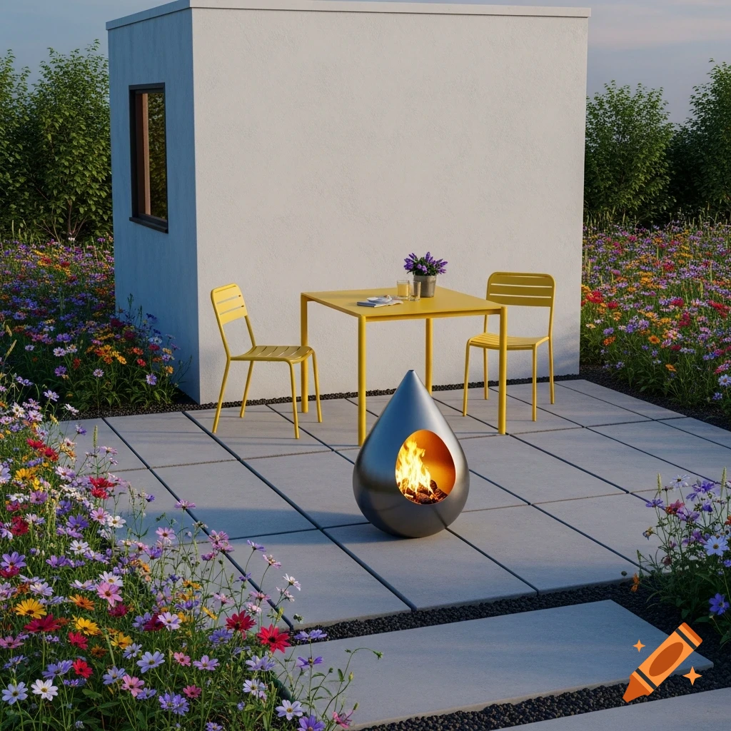 Modern patio with yellow table and chairs, a tear-drop fire pit on concrete slabs, surrounded by colorful wildflowers and a white building.