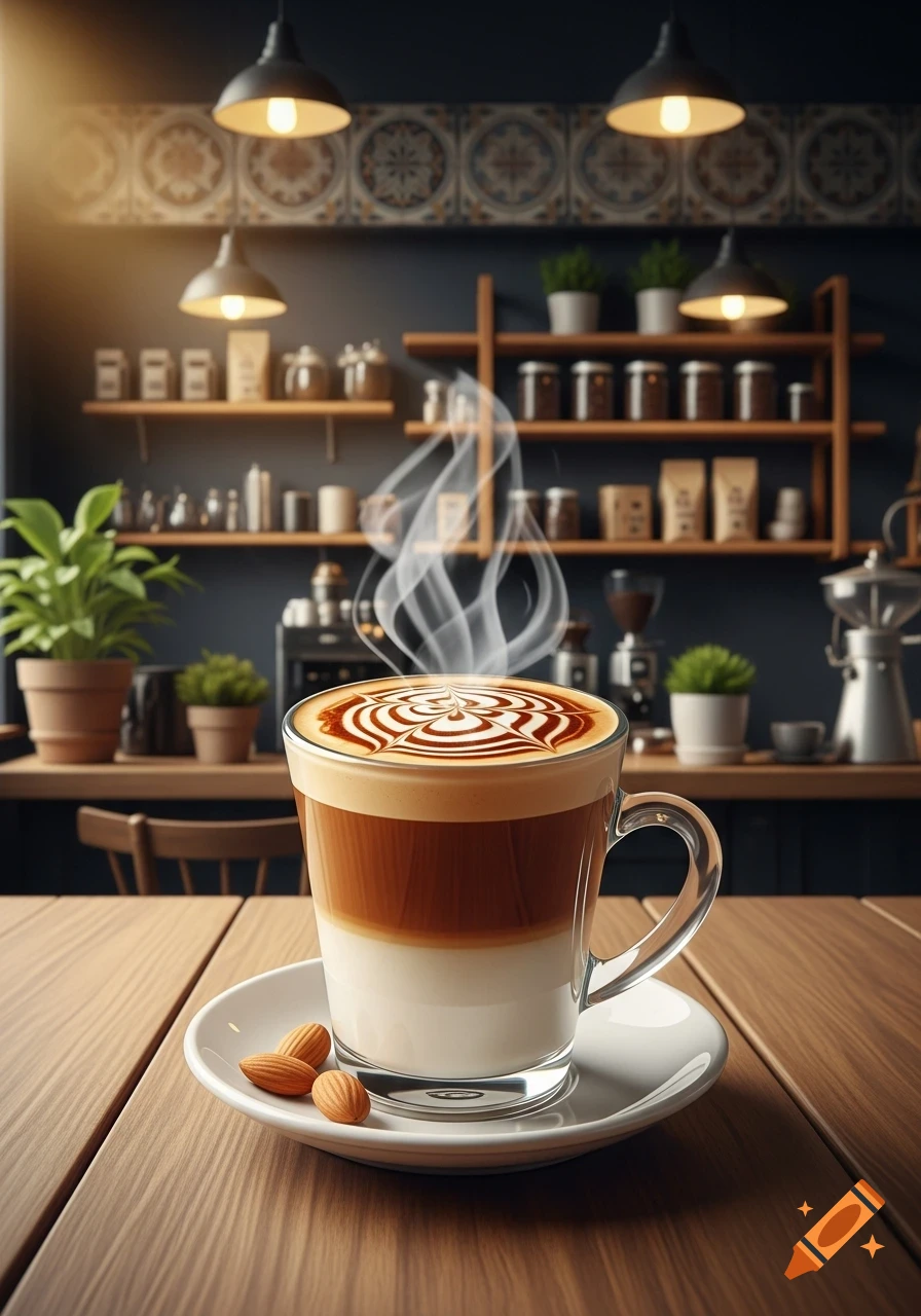 A photorealistic steaming latte with intricate foam art and layered coffee, served on a saucer with two almonds, on a wooden table in a cozy cafe.