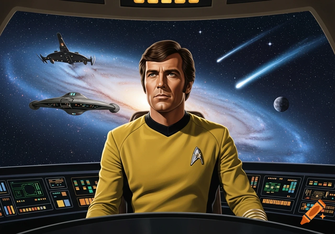 A man in a gold Starfleet uniform pilots a spaceship, looking out at other spacecraft, a planet, and a galaxy.