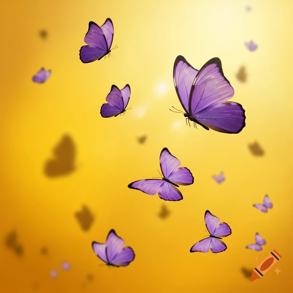 Purple butterflies flutter across a bright golden-yellow background.