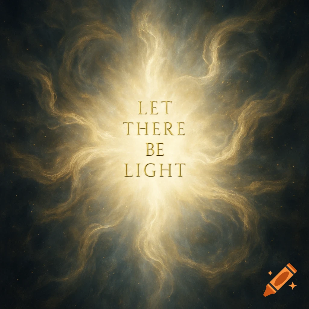 A radiant golden light bursts from the center, casting wispy tendrils across a dark background, with the words "LET THERE BE LIGHT" in the middle.