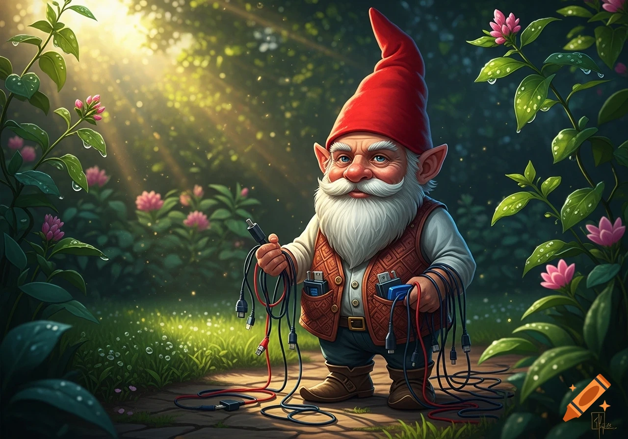 A smiling garden gnome with a white beard and red hat stands in a sunny, lush garden, tangled in a mess of electronic cables and adapters.