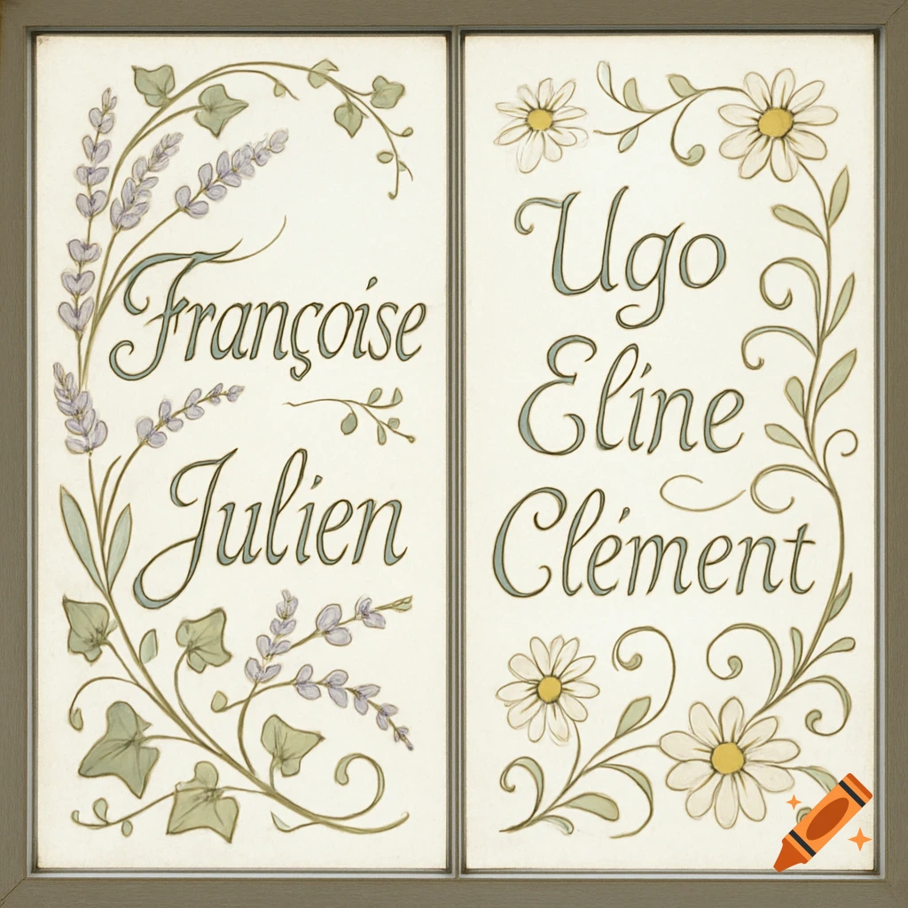 A decorative illustration resembling a window with two panels. The left panel features the names Françoise and Julien with lavender, and the right panel has Ugo, Eline, and Clément with daisies. The style is a soft, hand-drawn look.