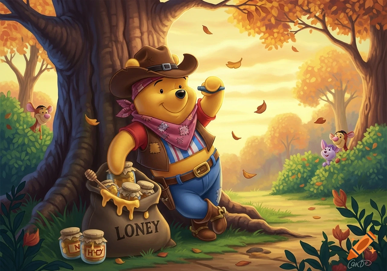 Cartoon illustration of Winnie the Pooh as a cowboy bandit, leaning on a tree with honey jars in an autumn forest. Piglet, Tigger, and a purple Eeyore-like character peek from bushes.