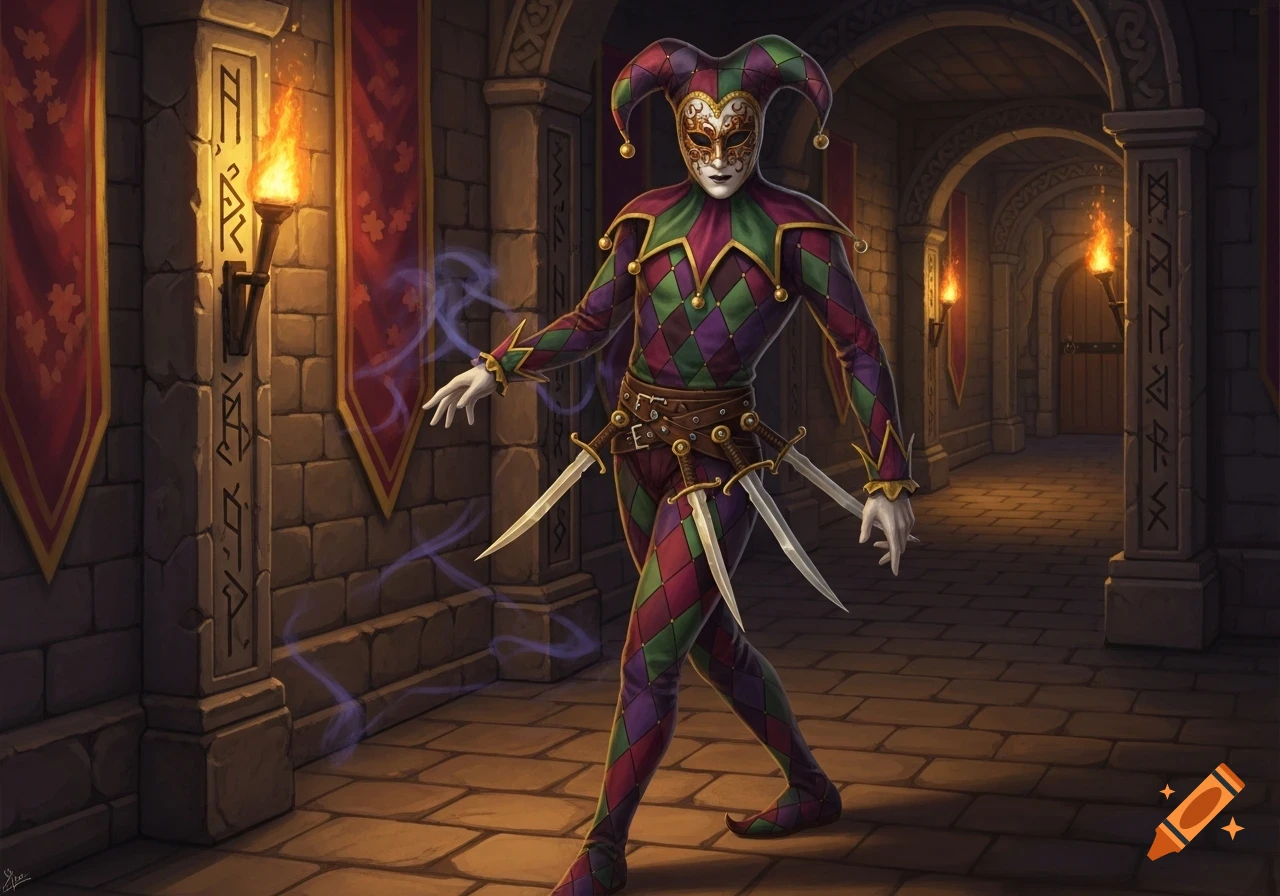 A masked jester in a diamond motley costume, with knives on his belt, stands in a torchlit fantasy dungeon hallway.