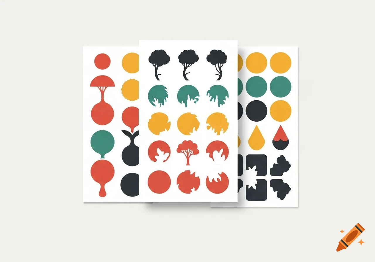 Three sheets of die-cut stickers featuring various abstract shapes and tree silhouettes in red, yellow, black, and teal on a white background.