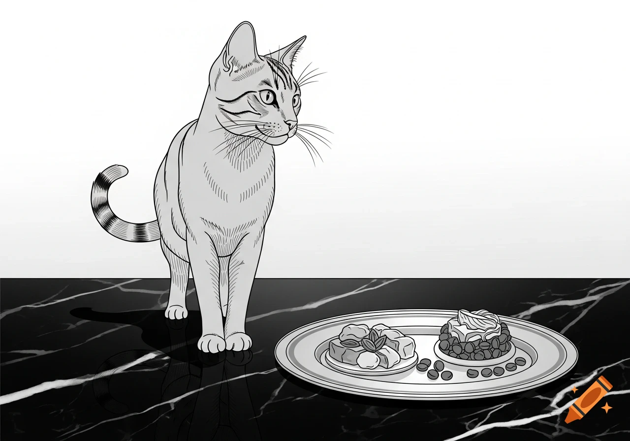 A stylized black and white illustration of a cat on a marble table looking at a plate of food.