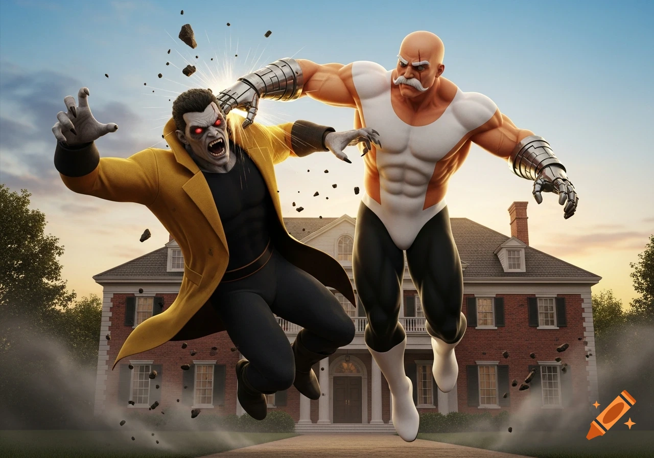 Muscular bald superhero with a white mustache and metal arm punches a red-eyed monster in a yellow coat, debris flying over a colonial house at sunset.