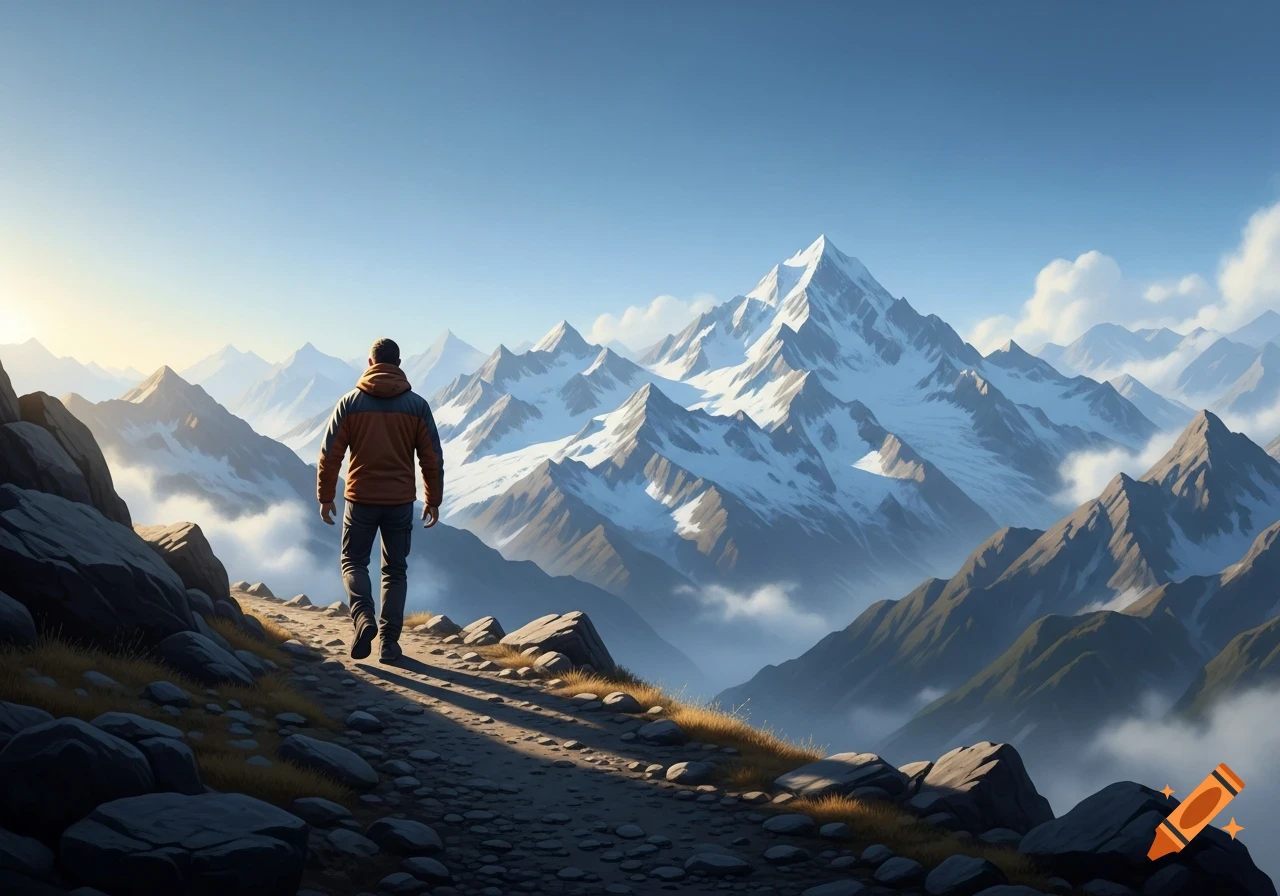 A man walks up a rocky mountain path towards a vast range of snow-capped peaks under a clear sky.