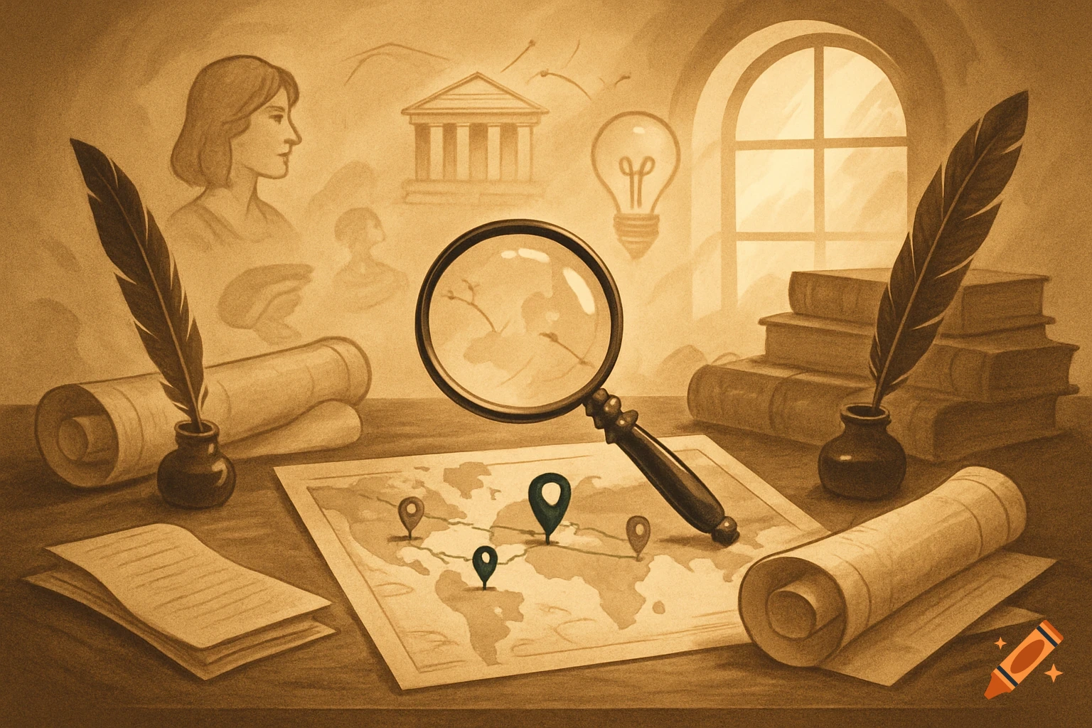 A stylized sepia illustration of a desk with a magnifying glass over a map, quills, books, scrolls, and faded historical imagery.