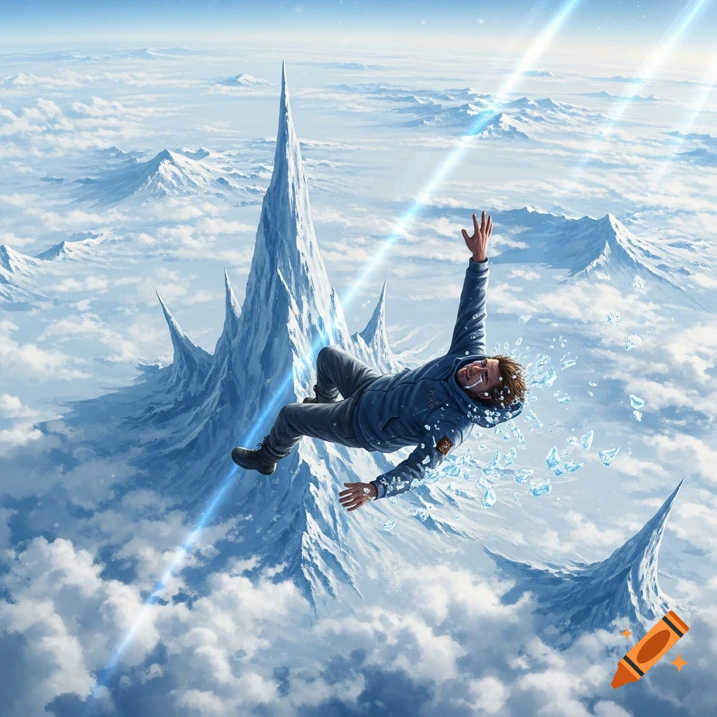 A man in a blue jacket falls through the sky above jagged icy mountains and clouds, with shards of ice around him.