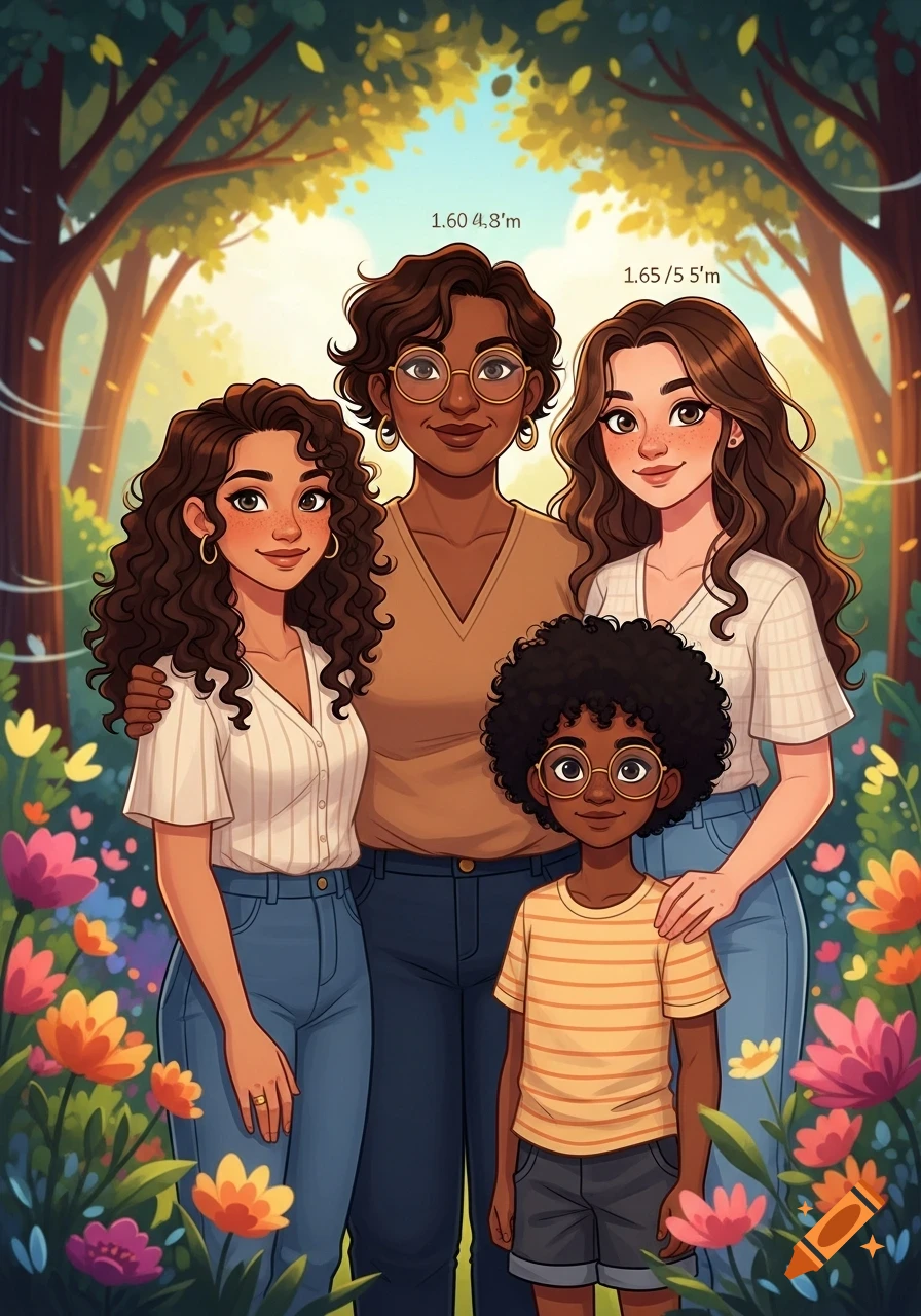 Cartoon family portrait of a mother, two daughters, and a son standing in a vibrant forest with colorful flowers.