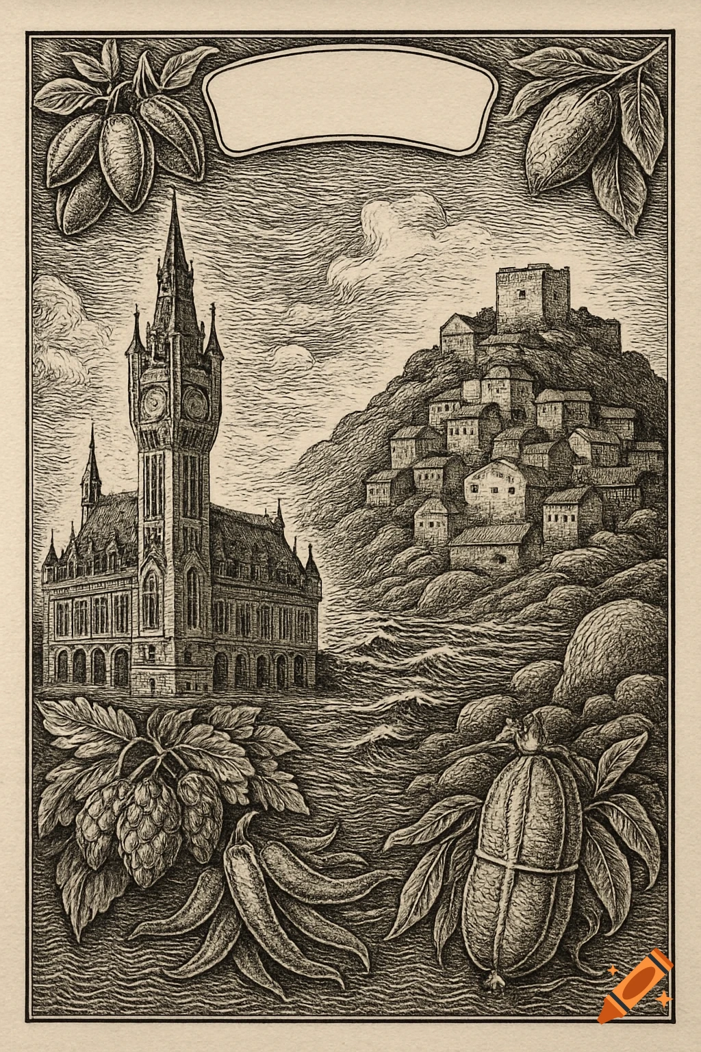 Detailed black and white engraving featuring a town hall and belfry, a hill town with a castle, and various plant and food motifs, with a blank banner at the top.