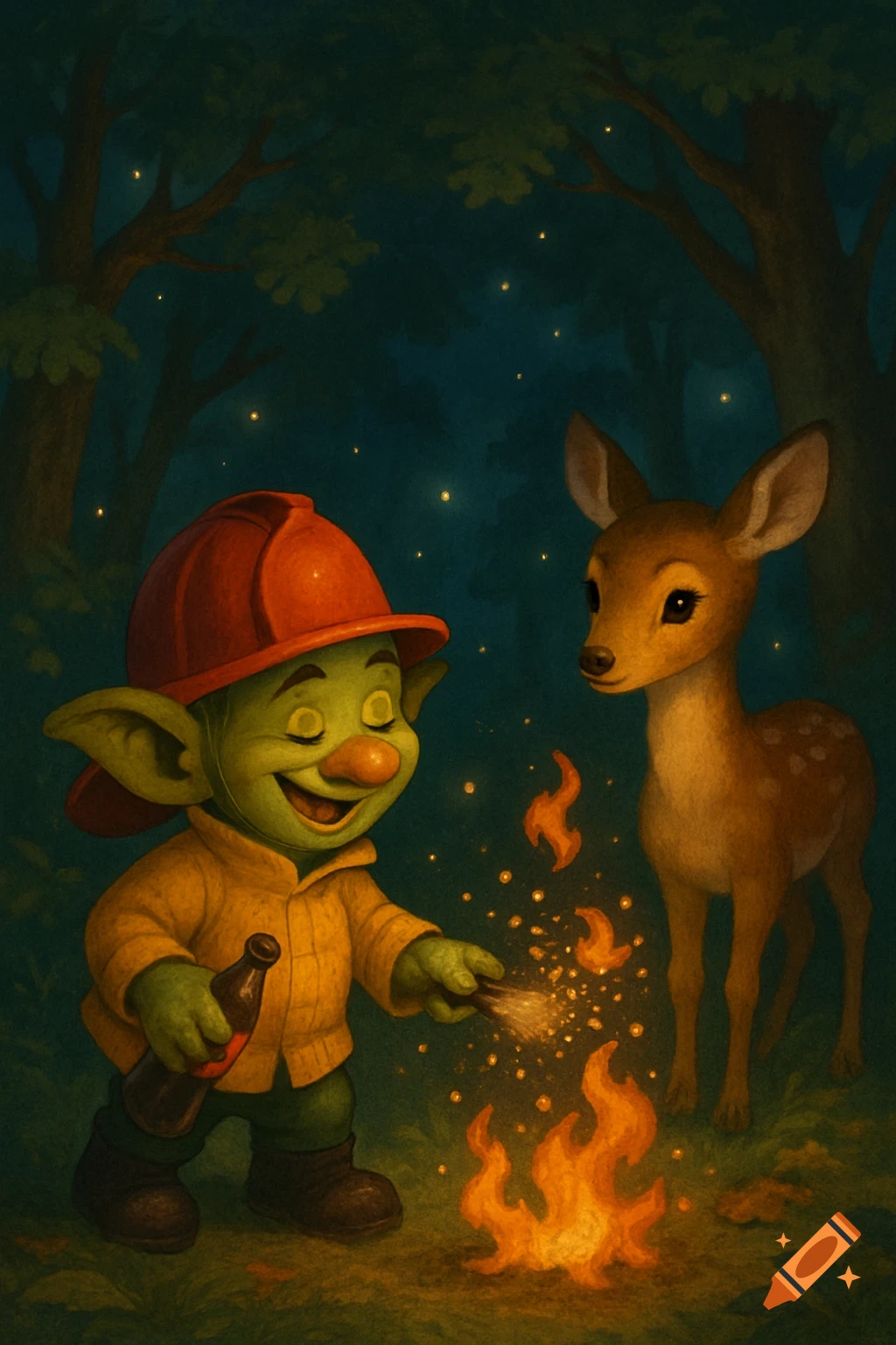 A whimsical illustration of a goblin-fireman in a red helmet lighting a campfire with sparks, a fawn nearby in a dark, magical forest.