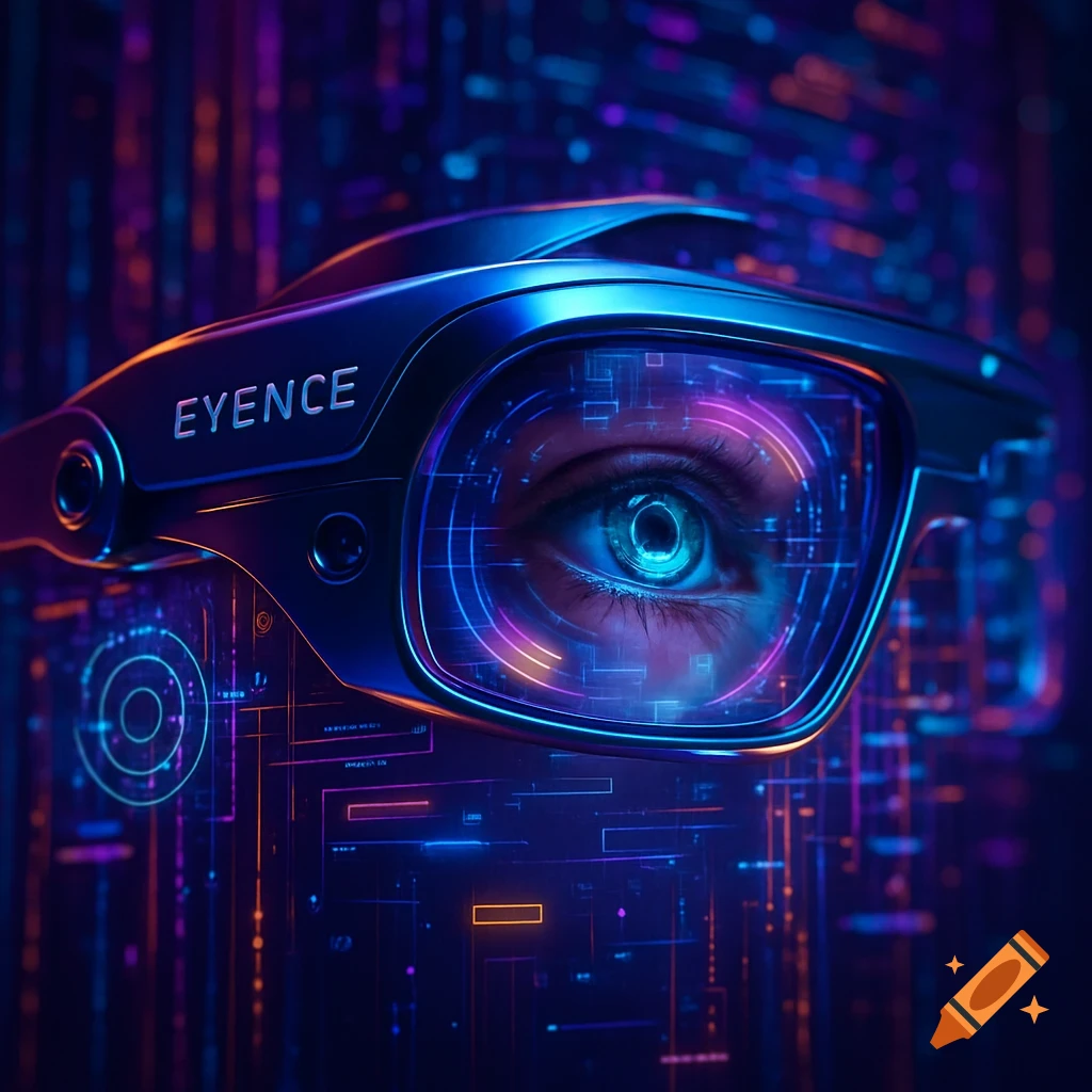 A close-up of a futuristic VR headset, branded 'EYENCE', with a human eye visible through the lens amidst glowing blue and purple digital circuits.