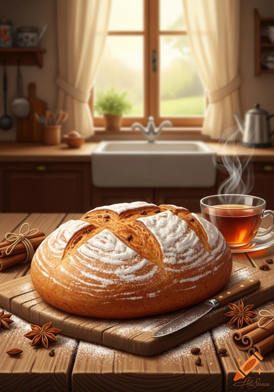 A freshly baked, flour-dusted loaf of bread with cinnamon sticks, star anise, and a cup of steaming tea on a wooden board in a sunlit kitchen.