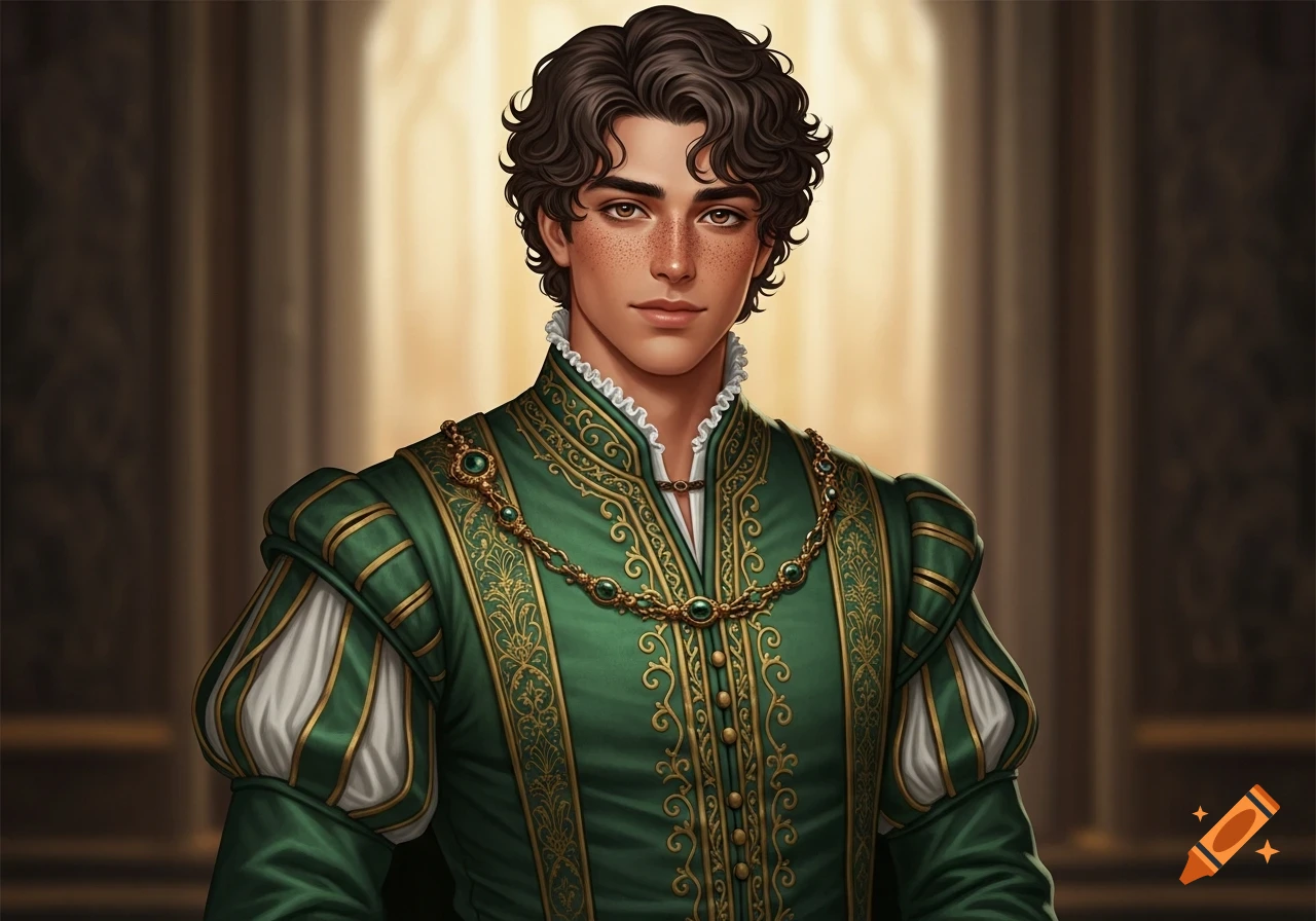 Digital painting of a young man with curly brown hair and freckles, wearing an ornate green Renaissance suit with gold embroidery and an emerald chain.