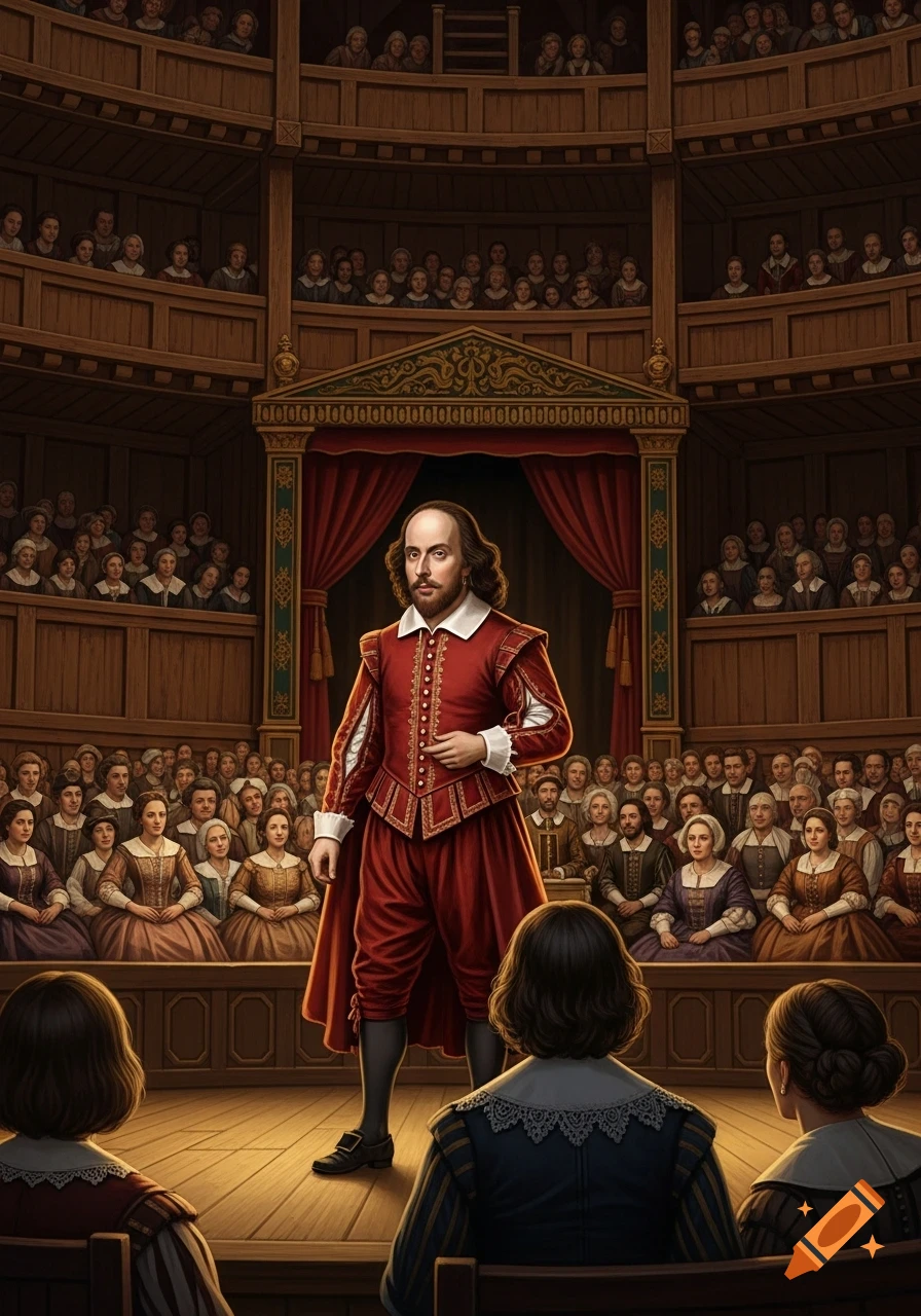 William Shakespeare in a red costume stands on stage, addressing a large audience in an Elizabethan theater.
