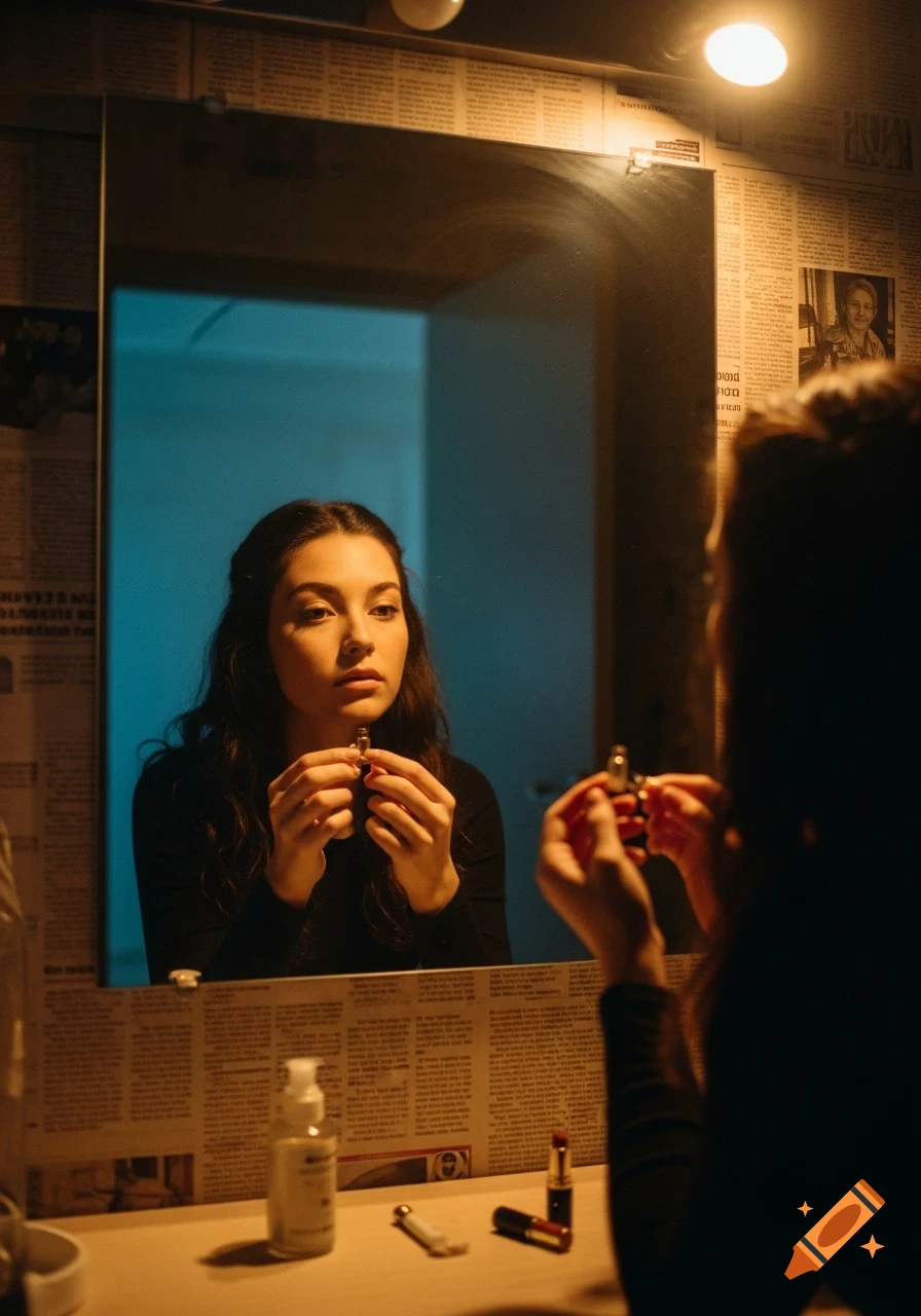 Young woman in a black shirt, holding a cosmetic item, looking intently at her reflection in a mirror in a dim, newspaper-covered dressing room with warm spotlighting.