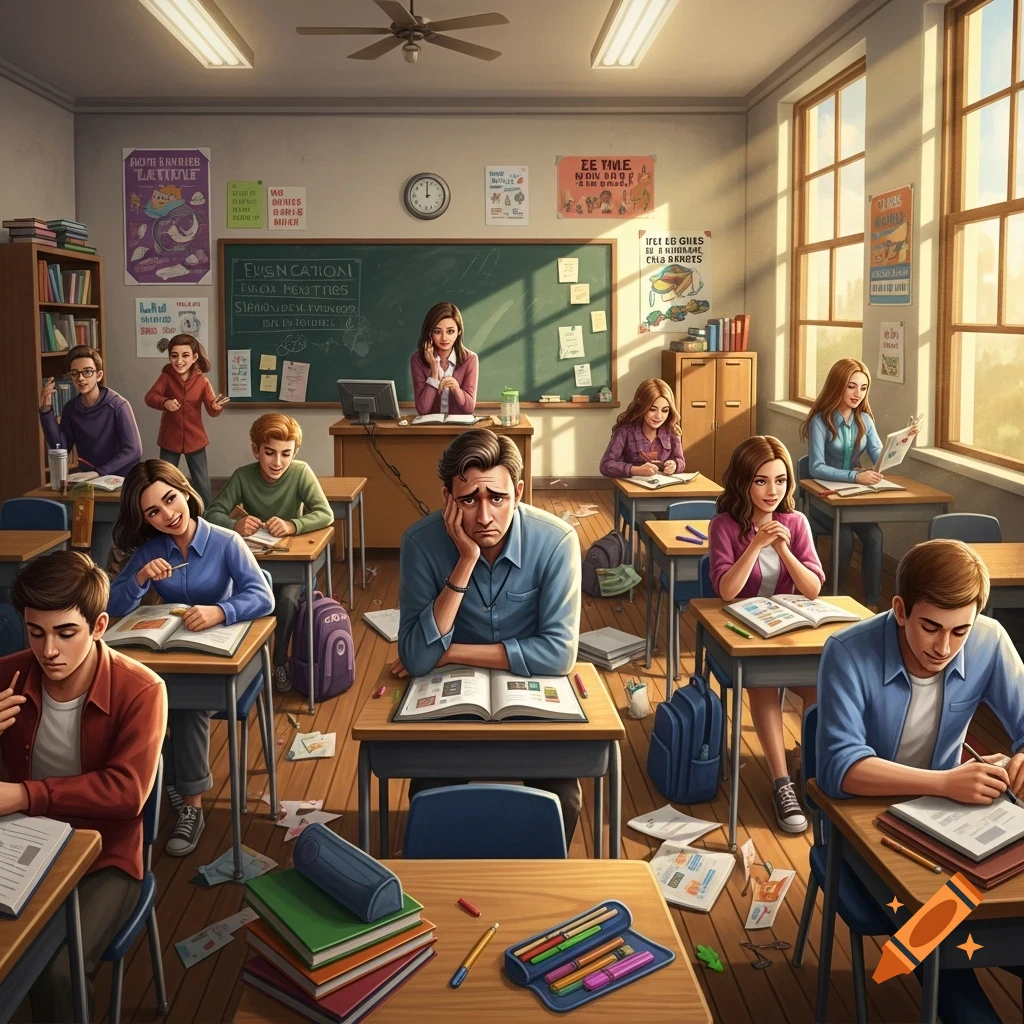 A classroom scene with a sad teacher at the front, and students sitting at their desks, some studying and others distracted.