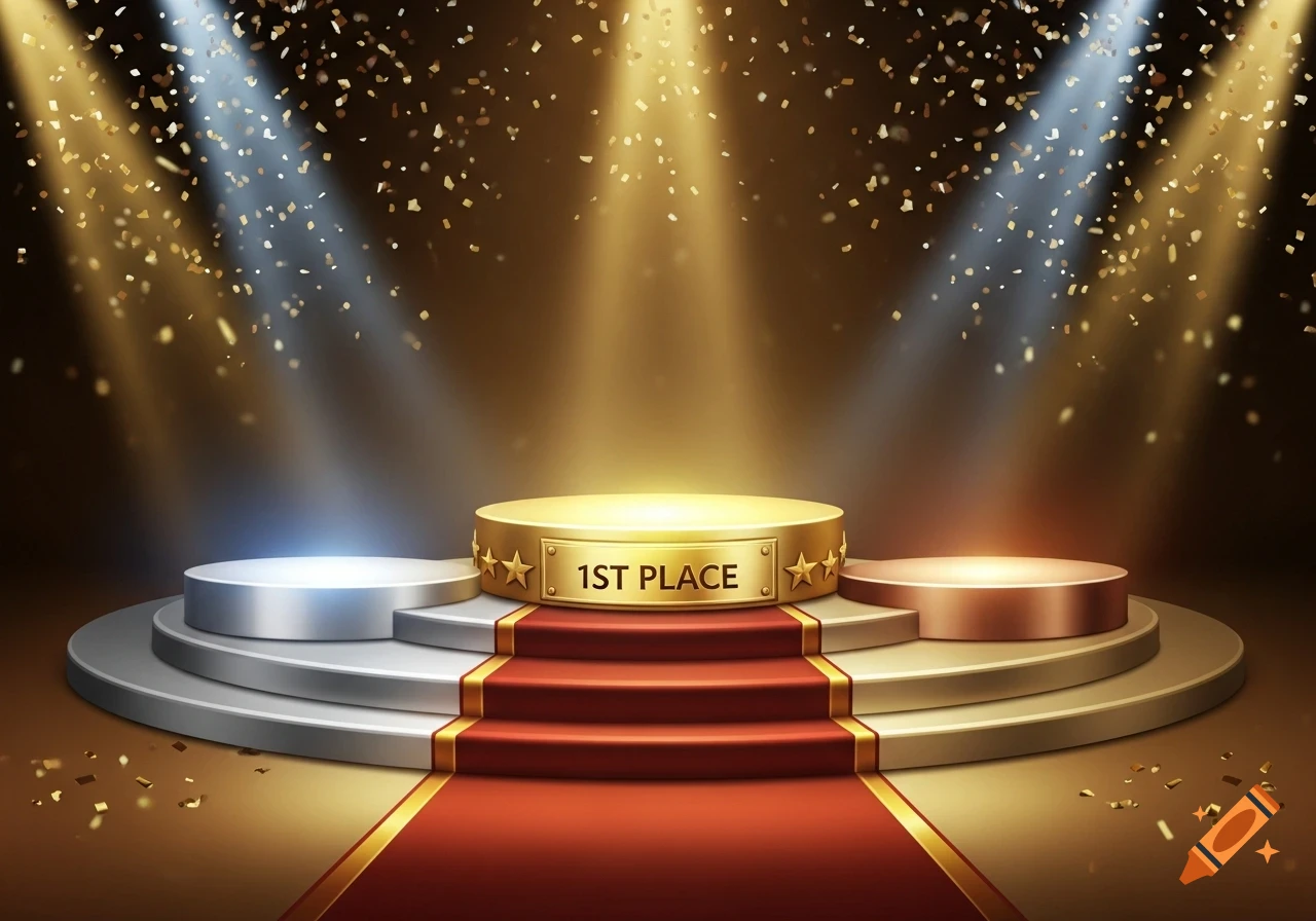 A gold, silver, and bronze award podium with '1ST PLACE' on the top, under spotlights and golden confetti with a red carpet.