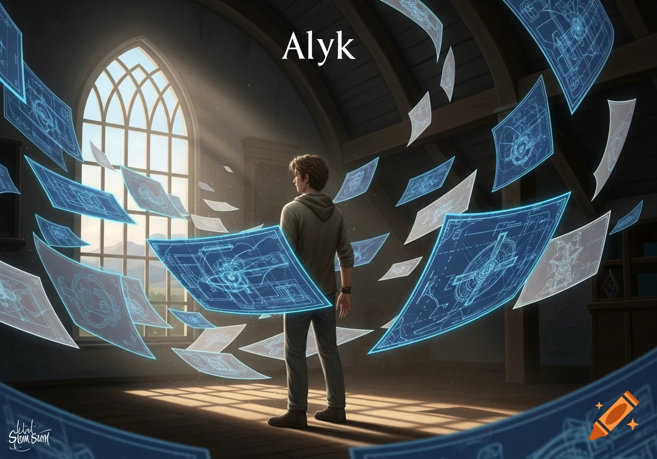 A man stands in a sunlit attic surrounded by glowing blueprints, looking out a large arched window, with the name Alyk floating above.