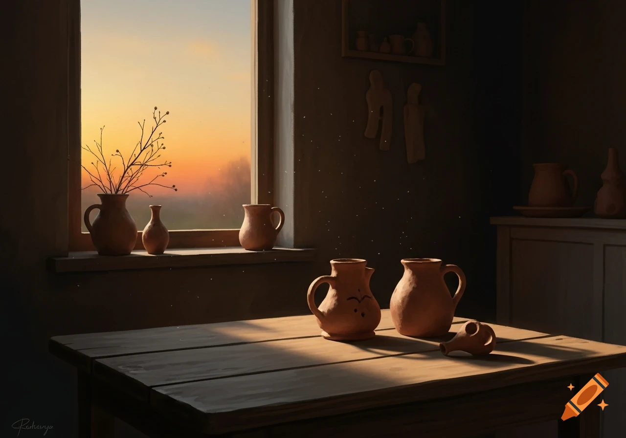 Still life painting of pottery on a wooden table, illuminated by a sunset visible through a window.