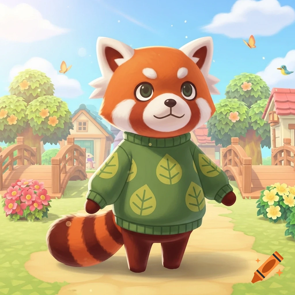 A cute red panda character wearing a green leaf-patterned sweater stands on a path in an Animal Crossing-style village.