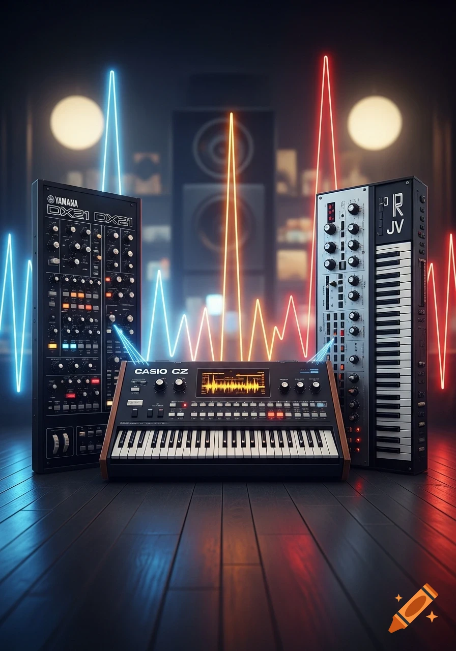 Three synthesizers and keyboards, including Yamaha DX21, Casio CZ, and a Roland JV, illuminated by neon sound waves in a dark room.