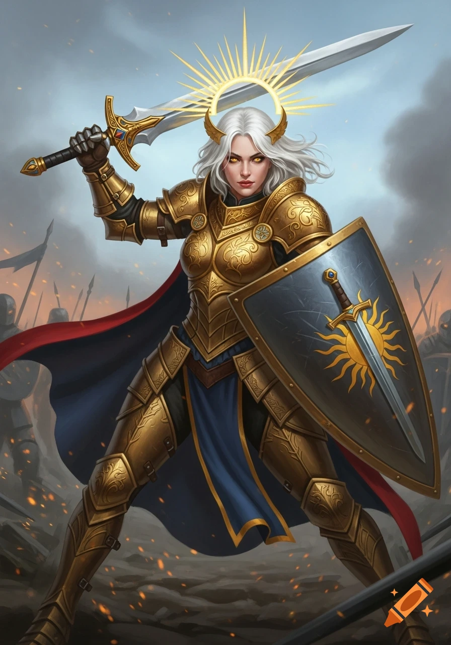 An Aasimar warrior in ornate golden armor, with white hair and glowing eyes, wields a sword and a sun-emblazoned shield on a battlefield.