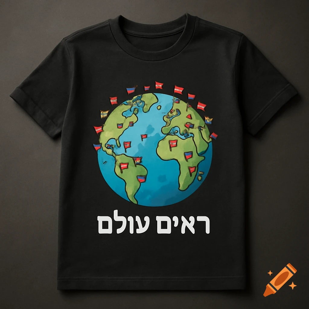 A black t-shirt with a cartoon globe, small country flags, and Hebrew text 'רואים עולם' below.