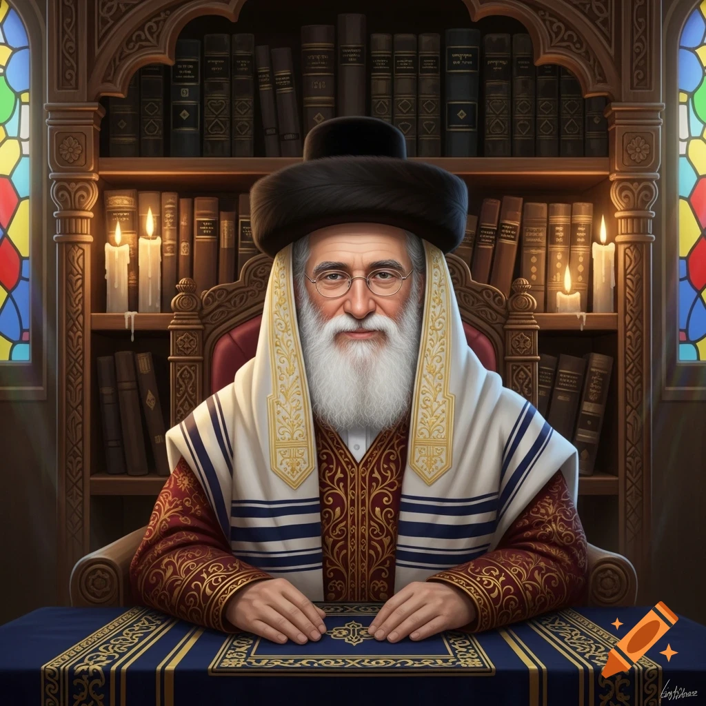 A detailed portrait of an elderly Jewish leader with a long white beard, glasses, and traditional attire, seated in a study with books and candles.