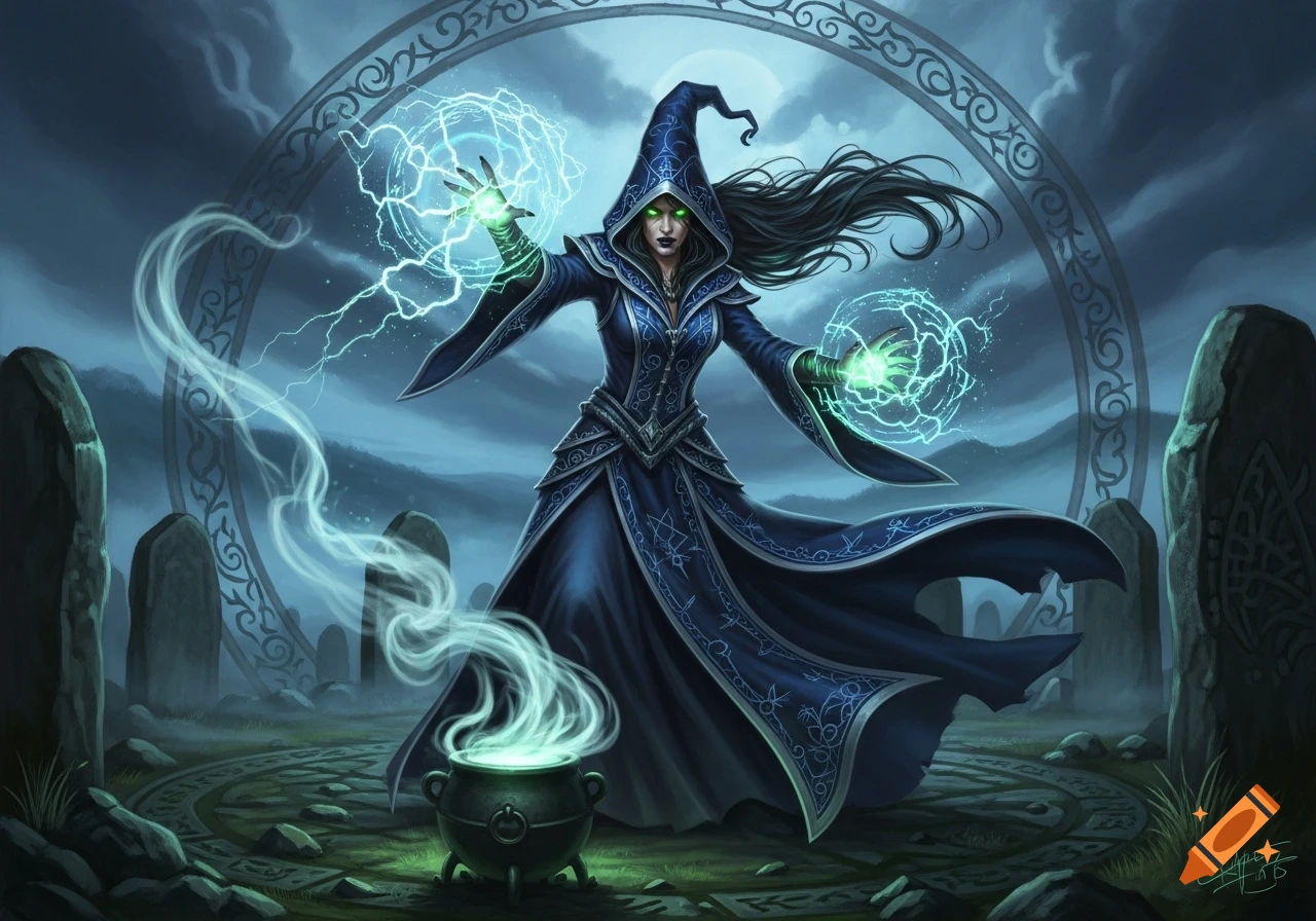A powerful witch in a dark robe casts glowing spells in a misty ancient stone circle with a smoking cauldron, fantasy art.
