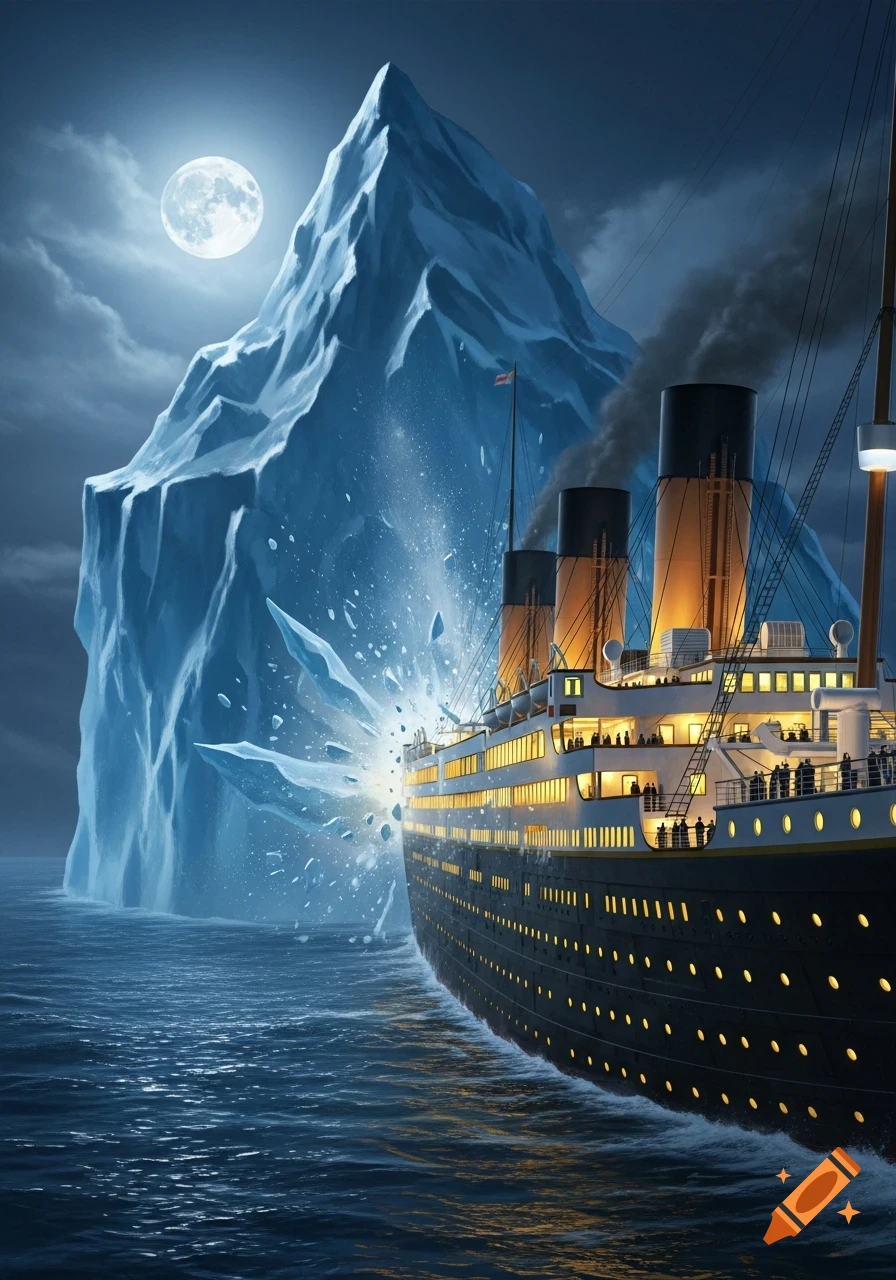 Illustrated scene of the Titanic ship colliding with a large iceberg under a full moon on a dark ocean, with ice shattering.