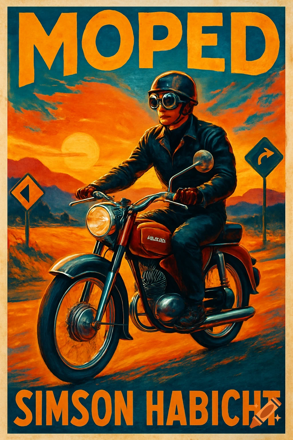 Vintage poster of a person riding a red Simson Habicht moped into an orange sunset, with text "MOPED" and "SIMSON HABICHT".