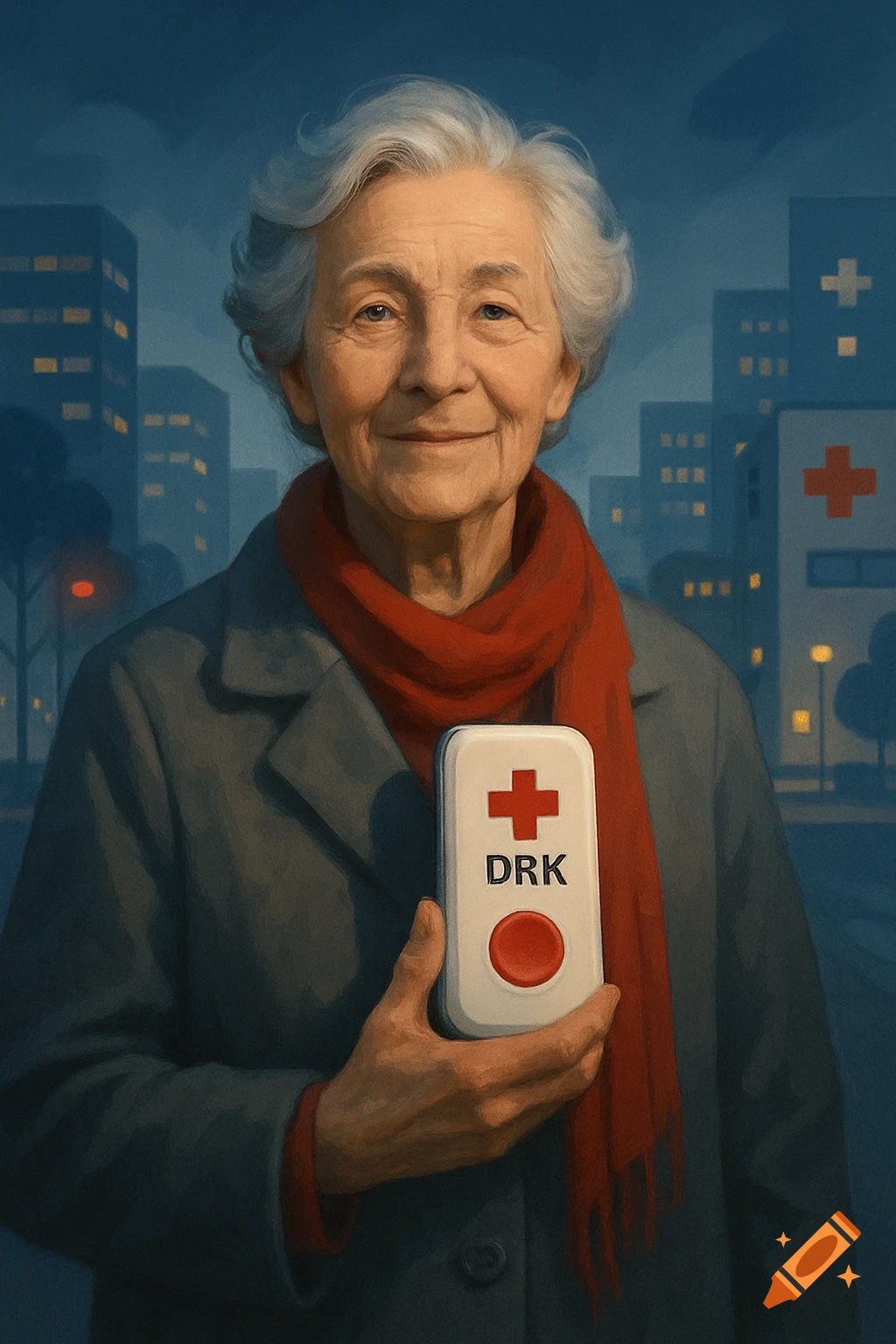 Elderly woman with white hair and a red scarf, smiling and holding a white medical device with a red cross and "DRK" text, against a dark city background with illuminated buildings.
