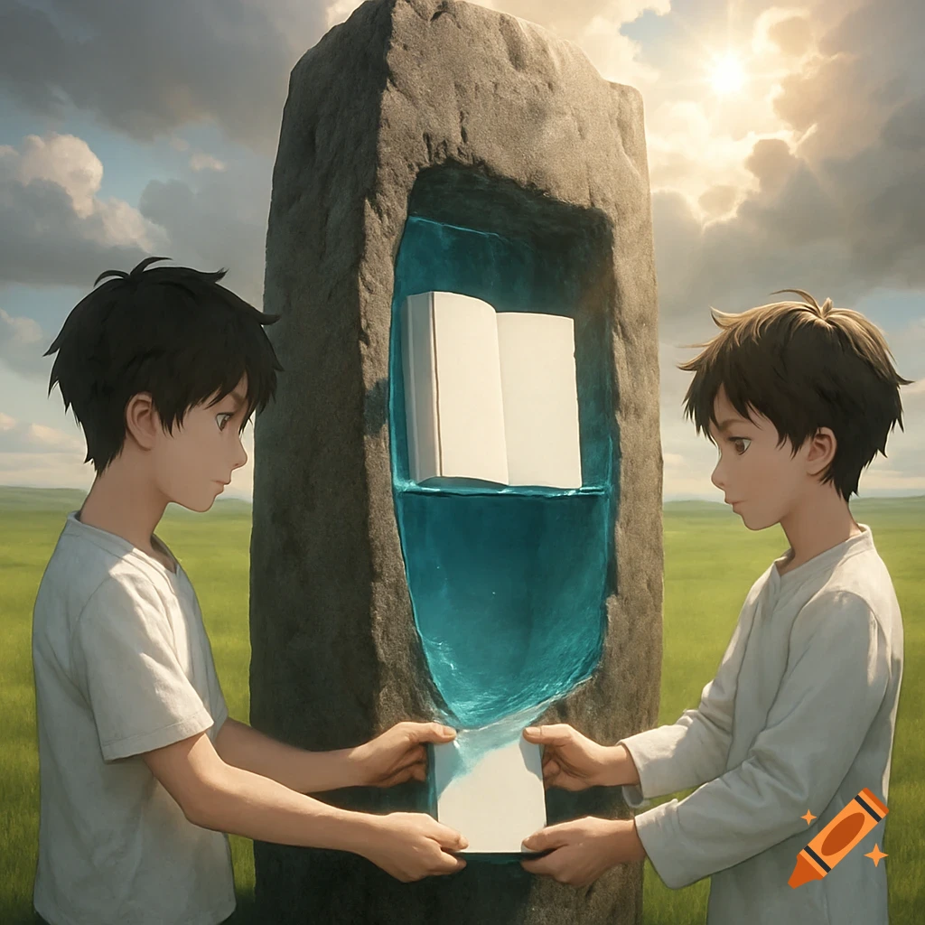 Two anime boys in a grassy field interacting with a stone monolith containing a glowing book, under a sunny sky.