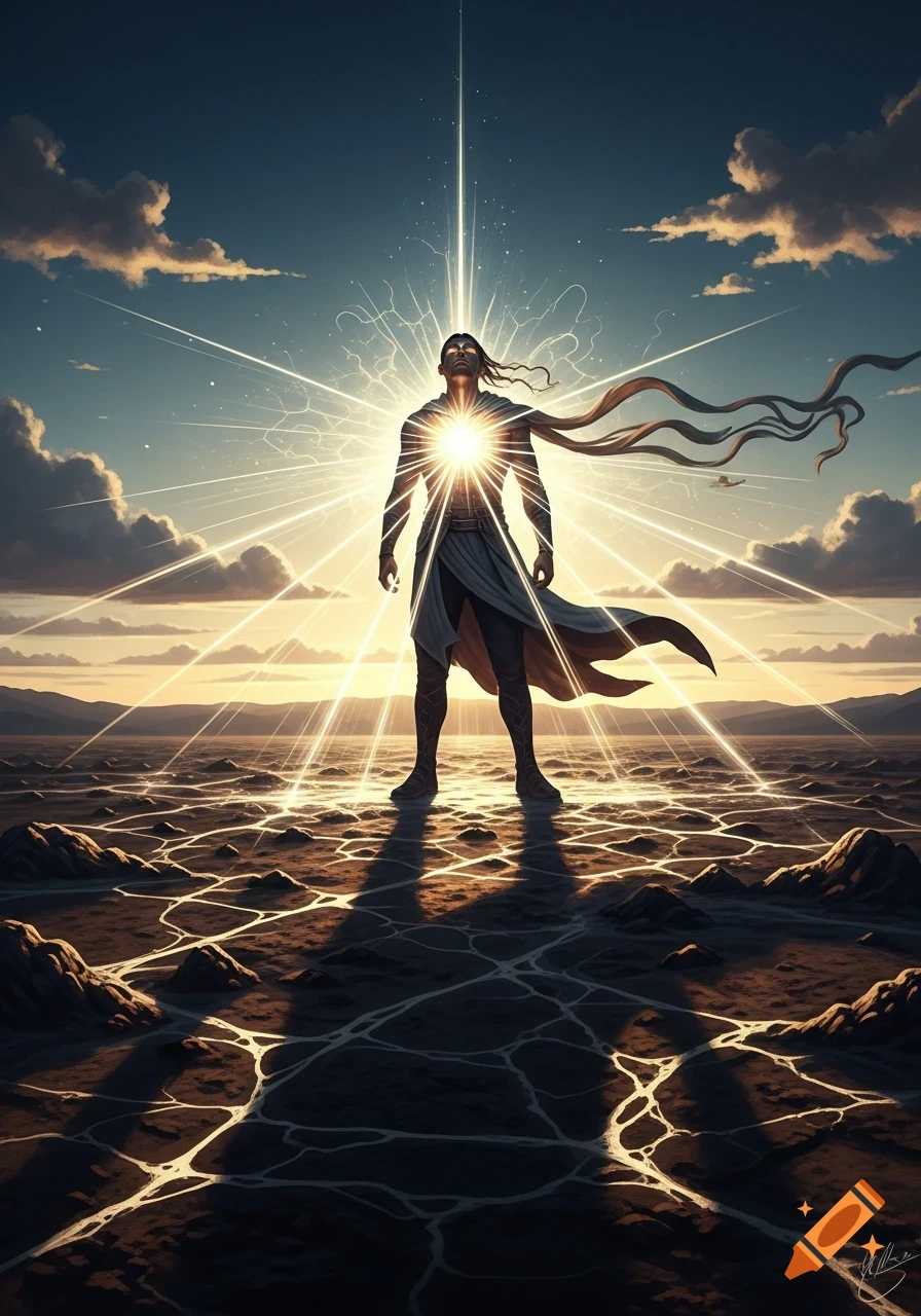 A powerful man stands in a desolate landscape, glowing with bright light emanating from his chest, radiating into the sky and ground.