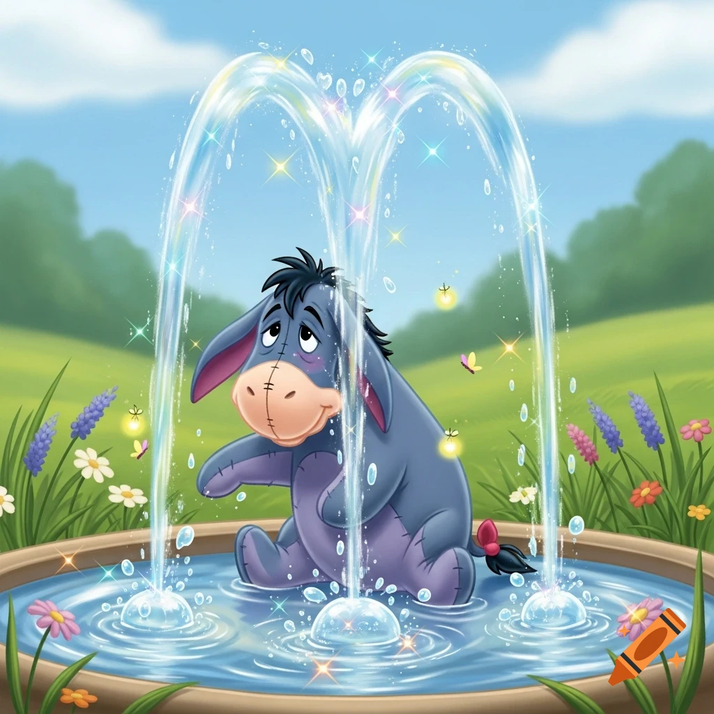 Eeyore, the grey donkey, sits in a sparkling water fountain amidst a field of colorful flowers under a bright blue sky.