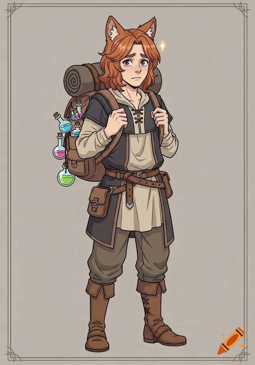2D character portrait of a nervous ginger-haired boy with fox ears, wearing a traveler's outfit and a backpack with potions.