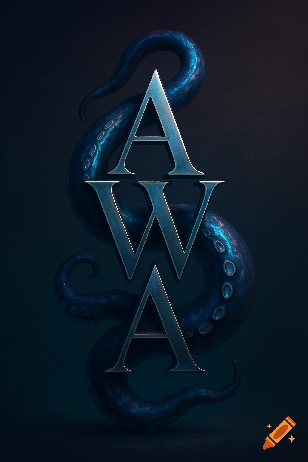 Metallic letters AWA entwined by dark blue, glowing octopus tentacles on a dark background.