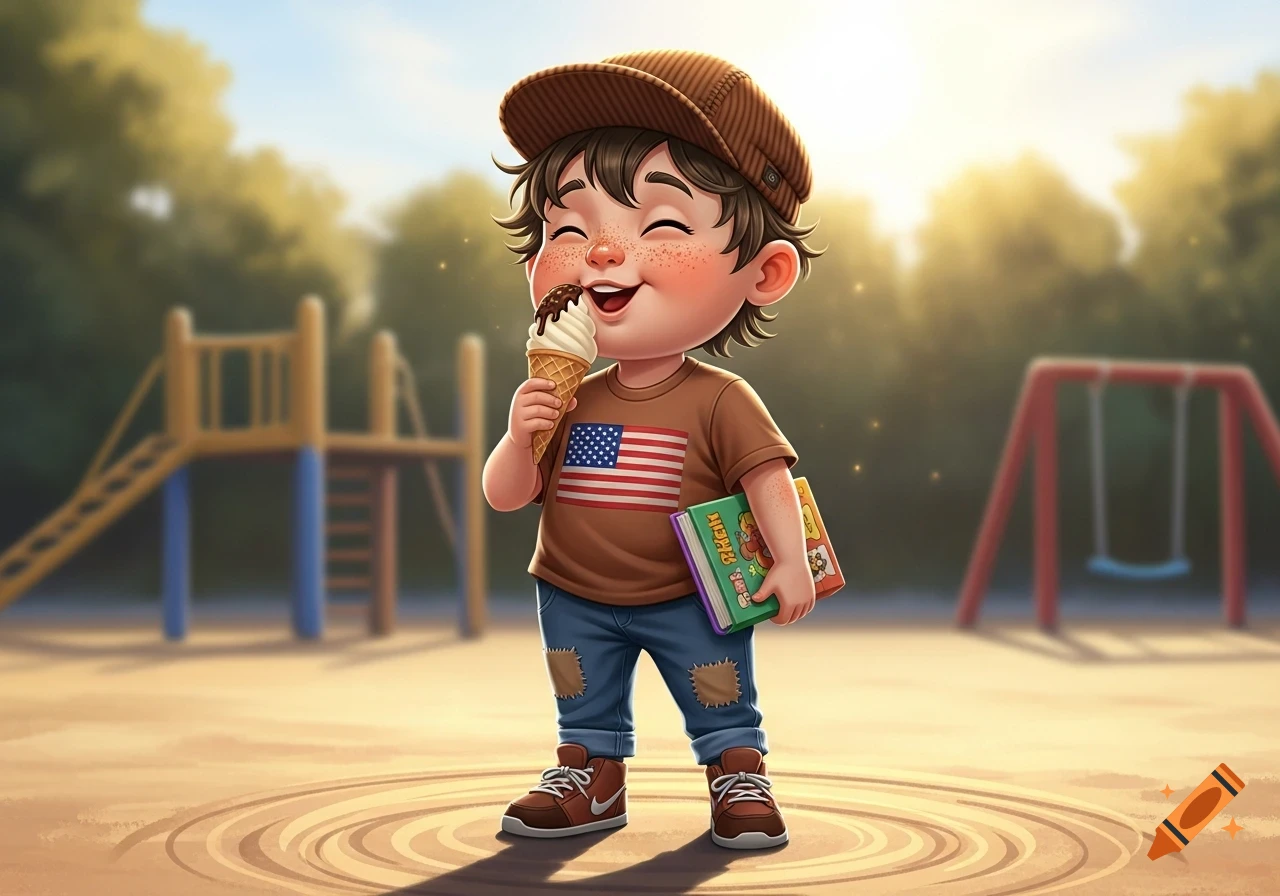 A cartoon boy with freckles and a brown cap happily eats a chocolate ice cream cone, holding a book in a playground.