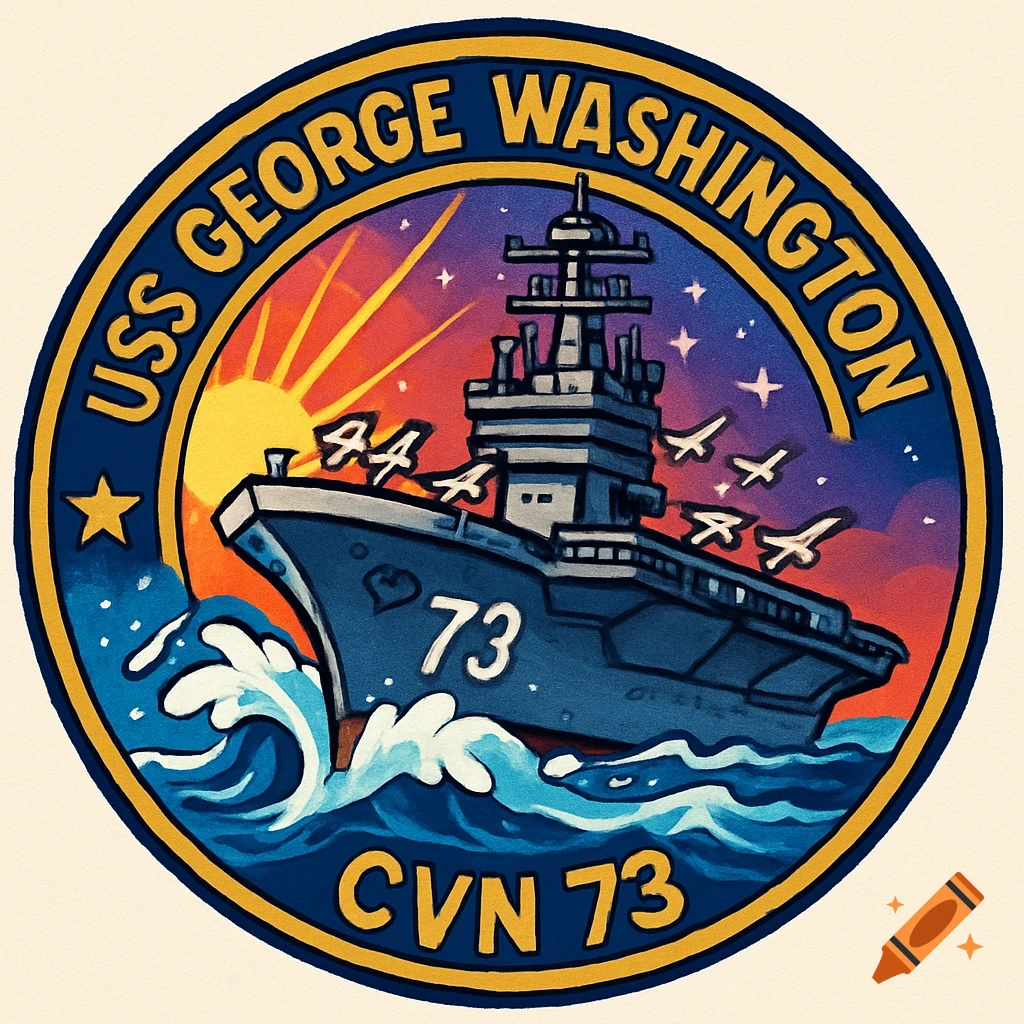 A cartoon patch for the USS George Washington (CVN 73) aircraft carrier, sailing on waves under a sunset and starry sky.