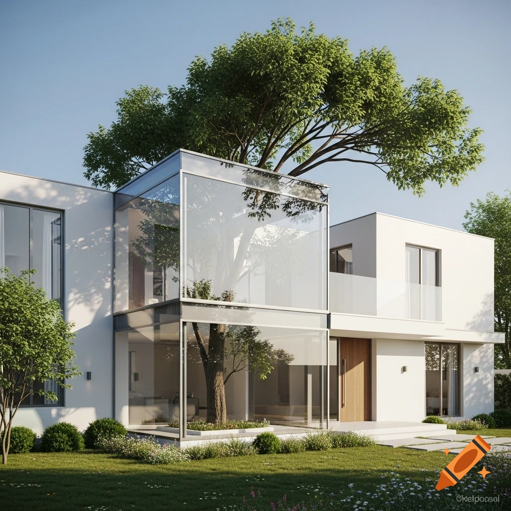 Photorealistic image of a modern 2-story house with glass walls enclosing a tree, a second-floor balcony, and a green lawn.