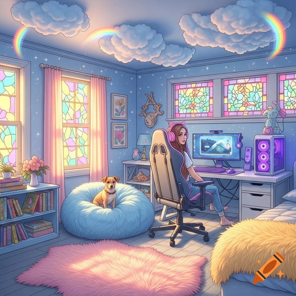 A pastel room with a girl gaming at a desk, a dog on a fluffy beanbag, clouds and rainbows on the ceiling.