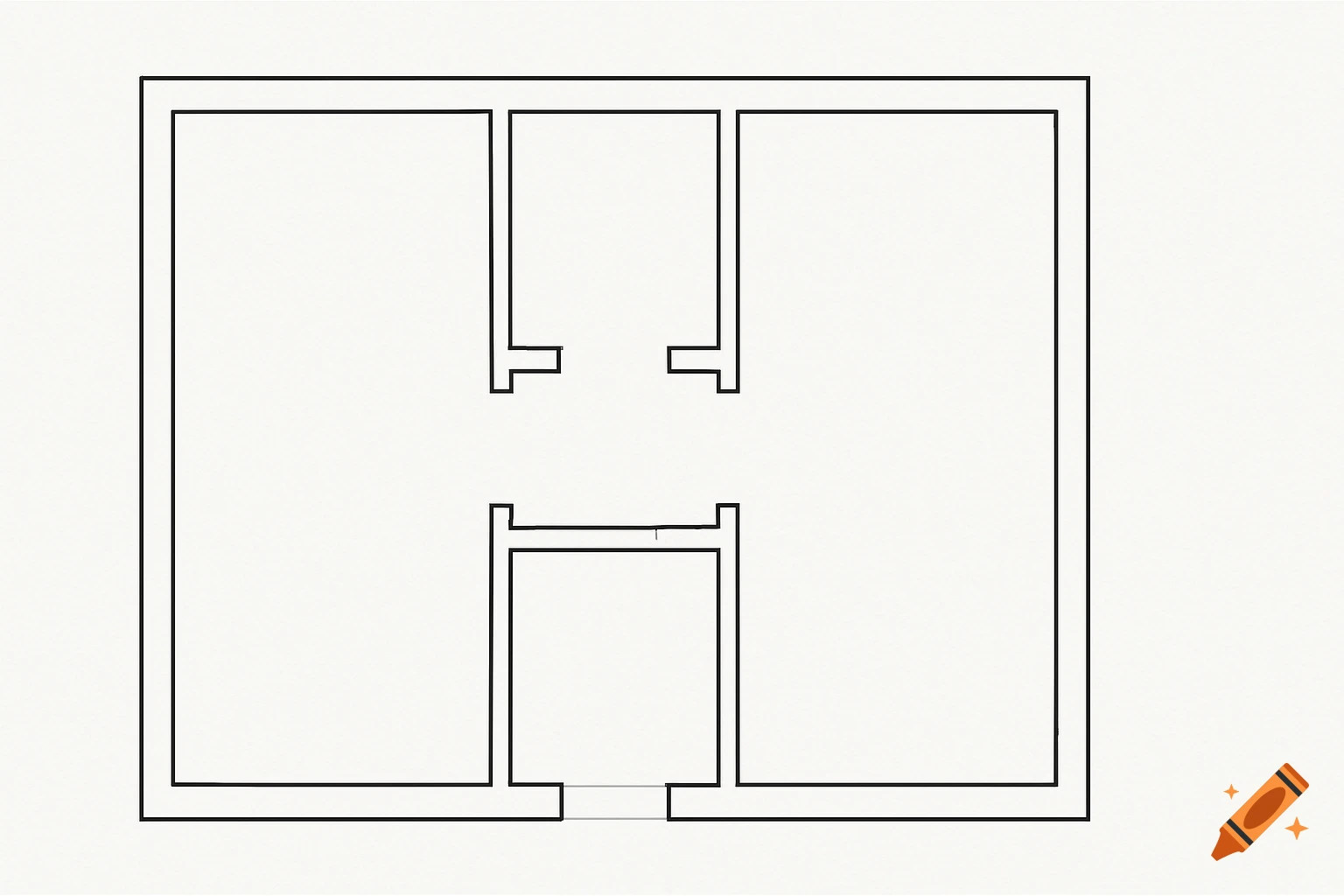 Top-down black line drawing of a minimalist museum floor plan with two large and one smaller rectangular rooms.