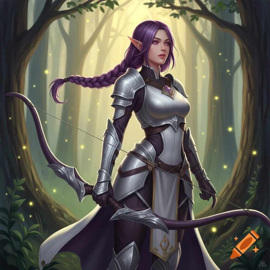 A female elf archer with long purple braided hair and pink eyes, wearing silver armor and holding a bow in an enchanted forest.